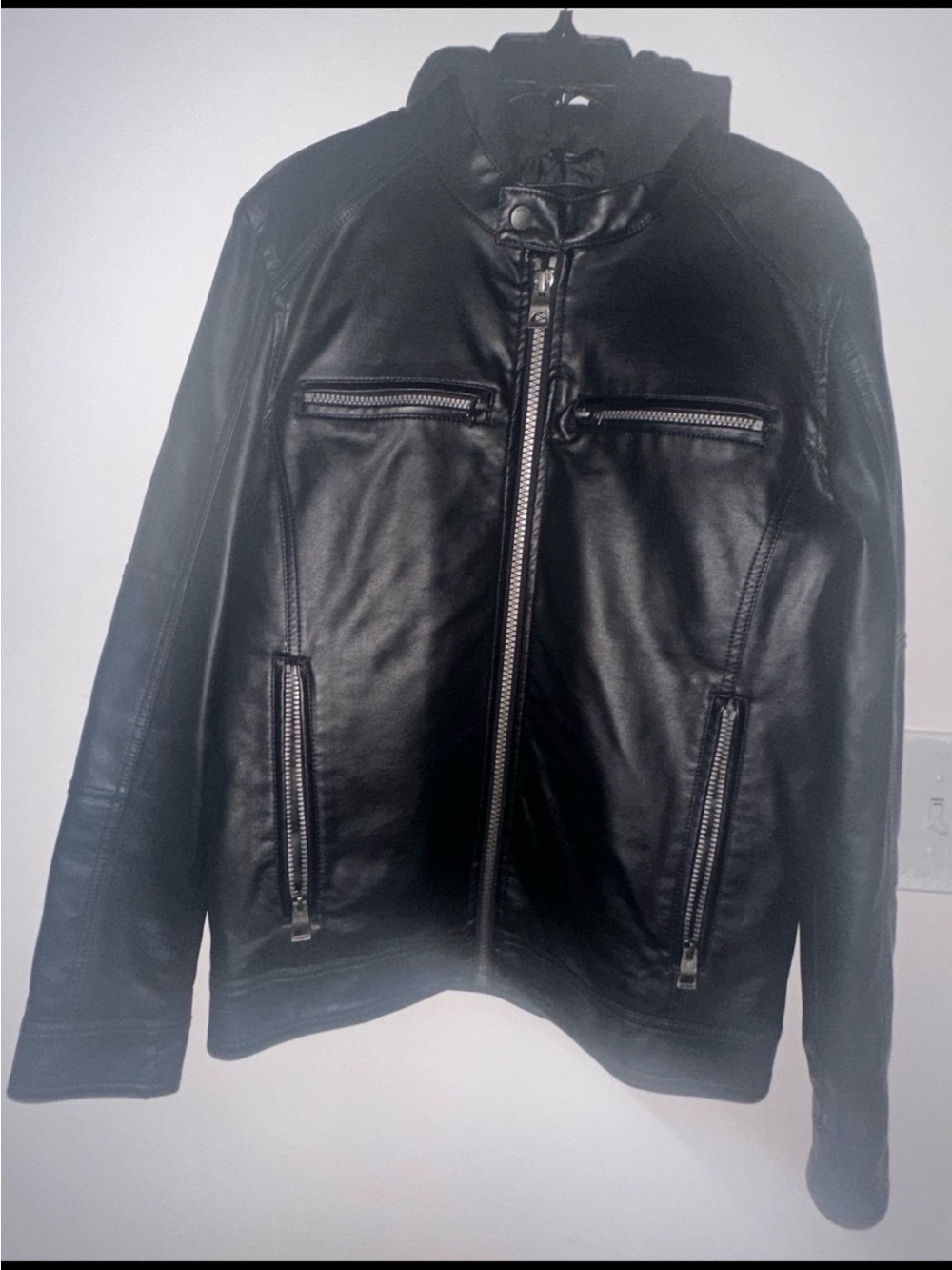 Men's Guess Black Leather Zip Jacket. Faux leather